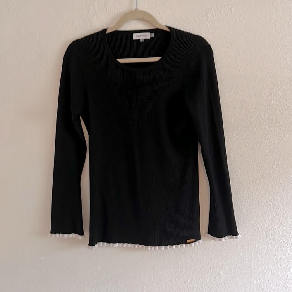 Calvin Klein Black Long Sleeve Sweater with  White Ruffle Trim On Hem and Cuff M